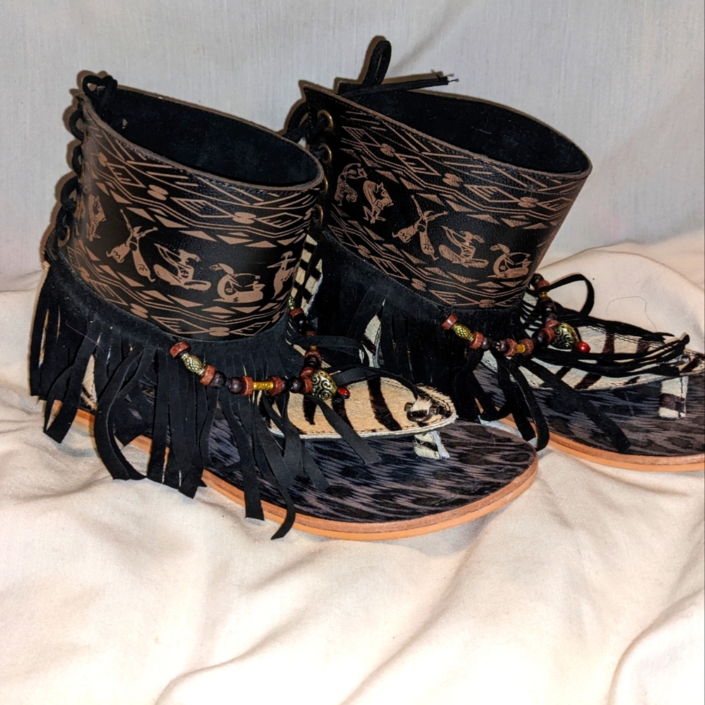 Musse and Cloud sandals,cuffed leather,suede,fringe,beaded, shoes,hippy,tribal
